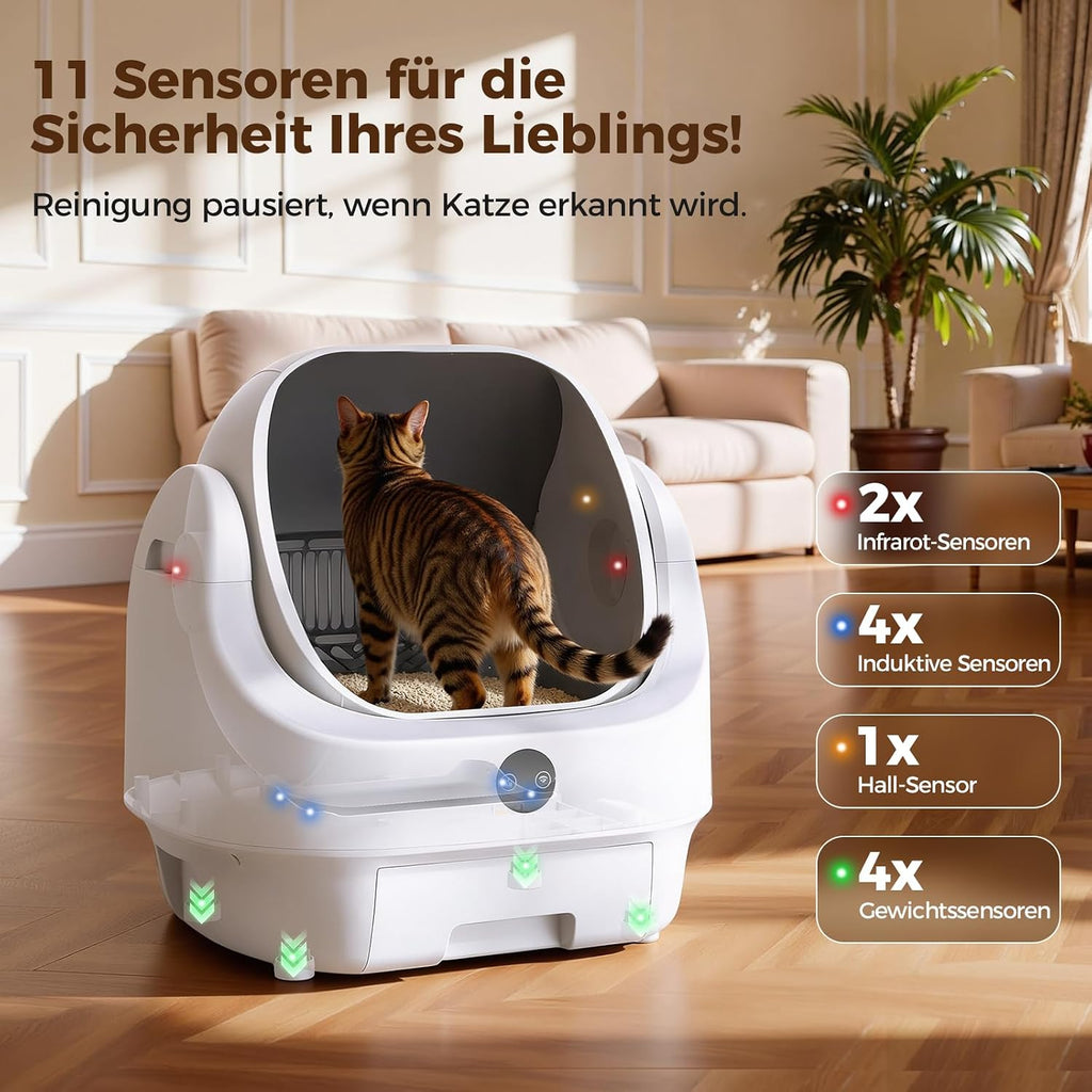 Automatische selbstreinigende Katzentoilette L mit App Steuerung Sensoren Geruchskontrolle 9 l Abfallbehälter für große Katzen