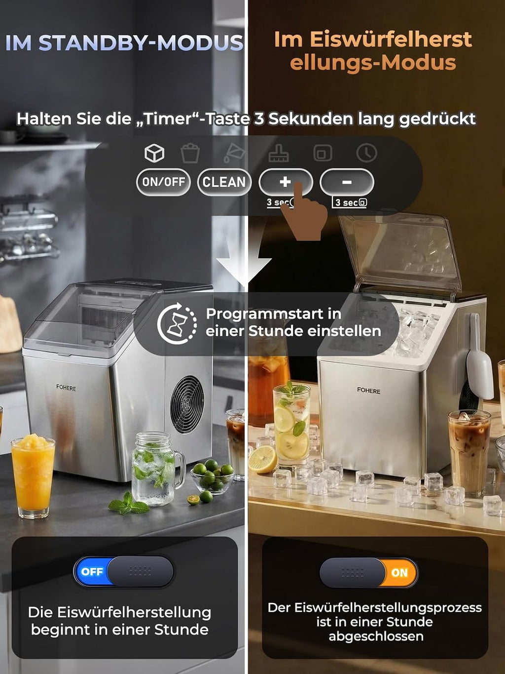Eiswürfelmaschine Edelstahl 24 kg 24h 3,2 L Wassertank 24 Eiswürfel in 10 Minuten 40 dB Selbstreinigung Timer Abtaufunktion