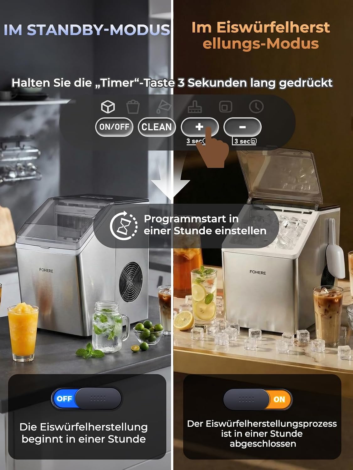 Eiswürfelmaschine Edelstahl 24 kg 24h 3,2 L Wassertank 24 Eiswürfel in 10 Minuten 40 dB Selbstreinigung Timer Abtaufunktion