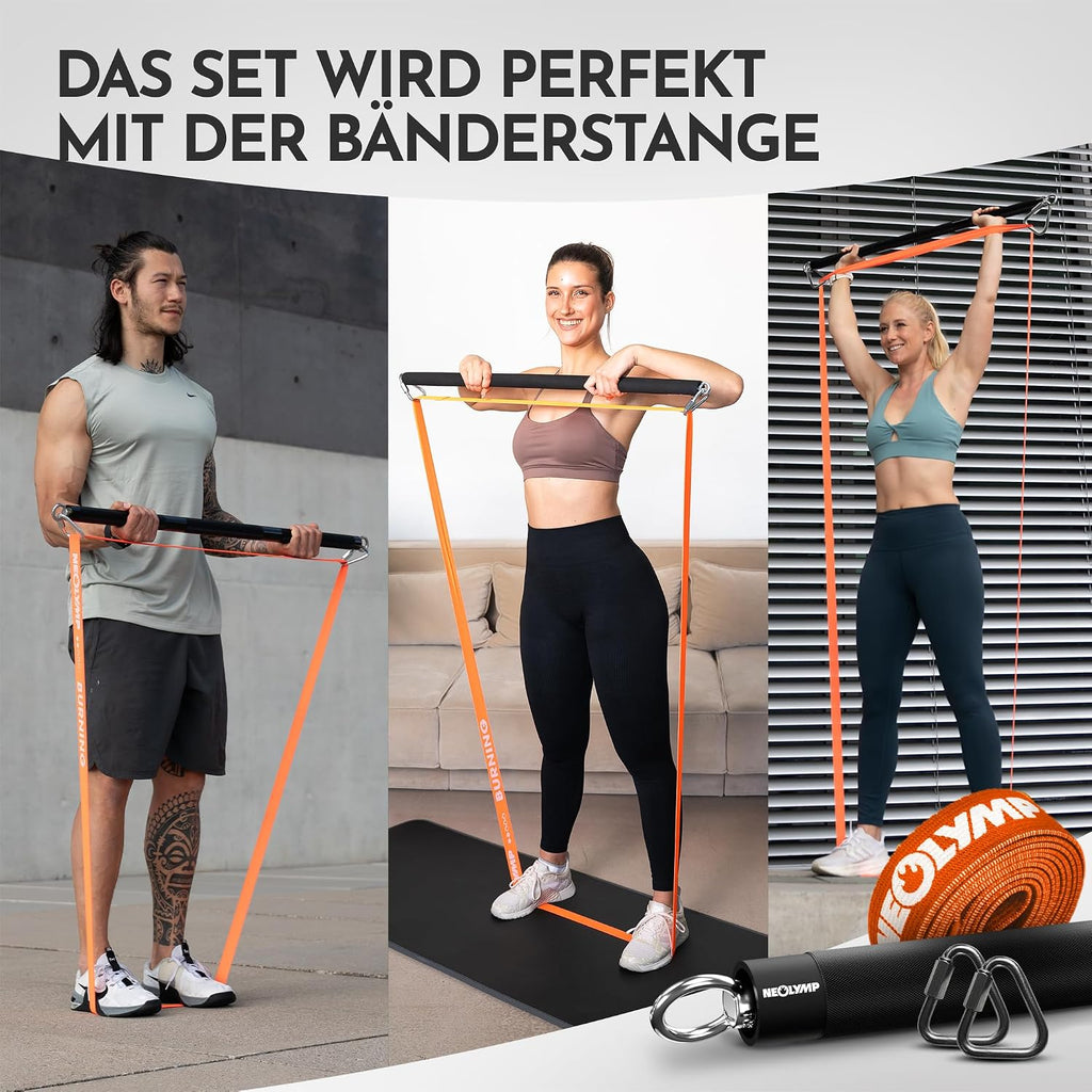 Lange Stoff Fitnessbänder Set 5 Widerstandsstufen Allroundset Ultra mit Türanker Fußschlaufen Griffen Stange