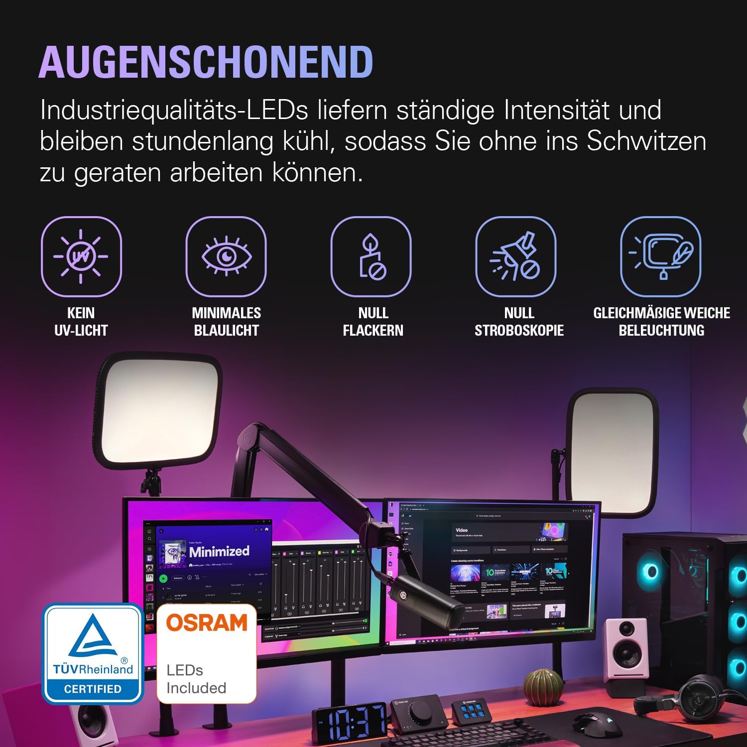 Studiolicht LED Panel 2800 Lumen mit einstellbarer Farbtemperatur 2900-7000K App Steuerung Tischklemme für Streaming und Videokonferenzen