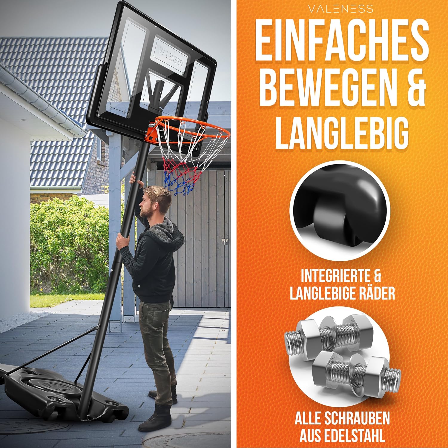 Basketballkorb Outdoor höhenverstellbar 135-305 cm freistehender Basketballständer mit Basketball Größe 7 und Ballpumpe BWS2024