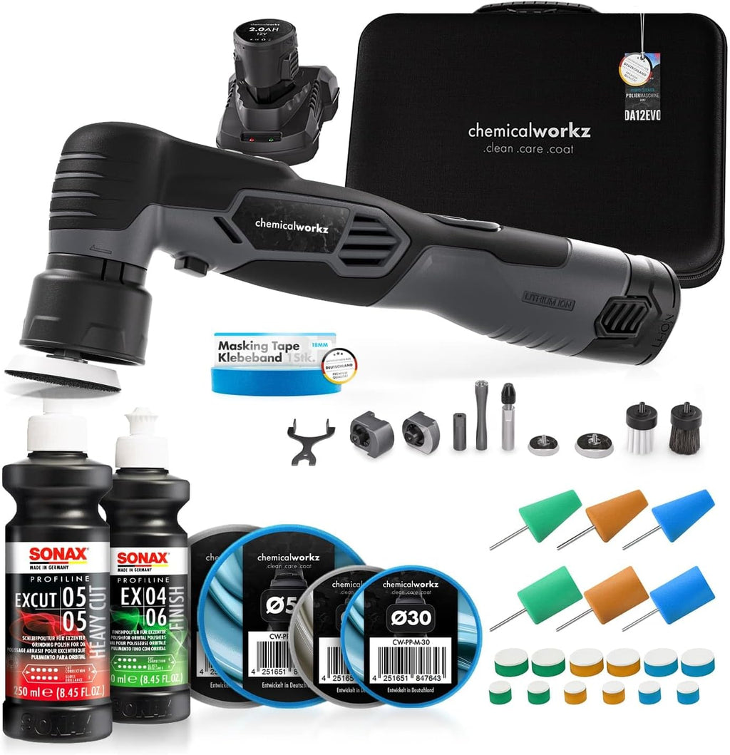 Akku Poliermaschine EVO Mini 25-teiliges Set Exzenter Rotation mit Akkus Adaptern Stütztellern Pads Zubehör