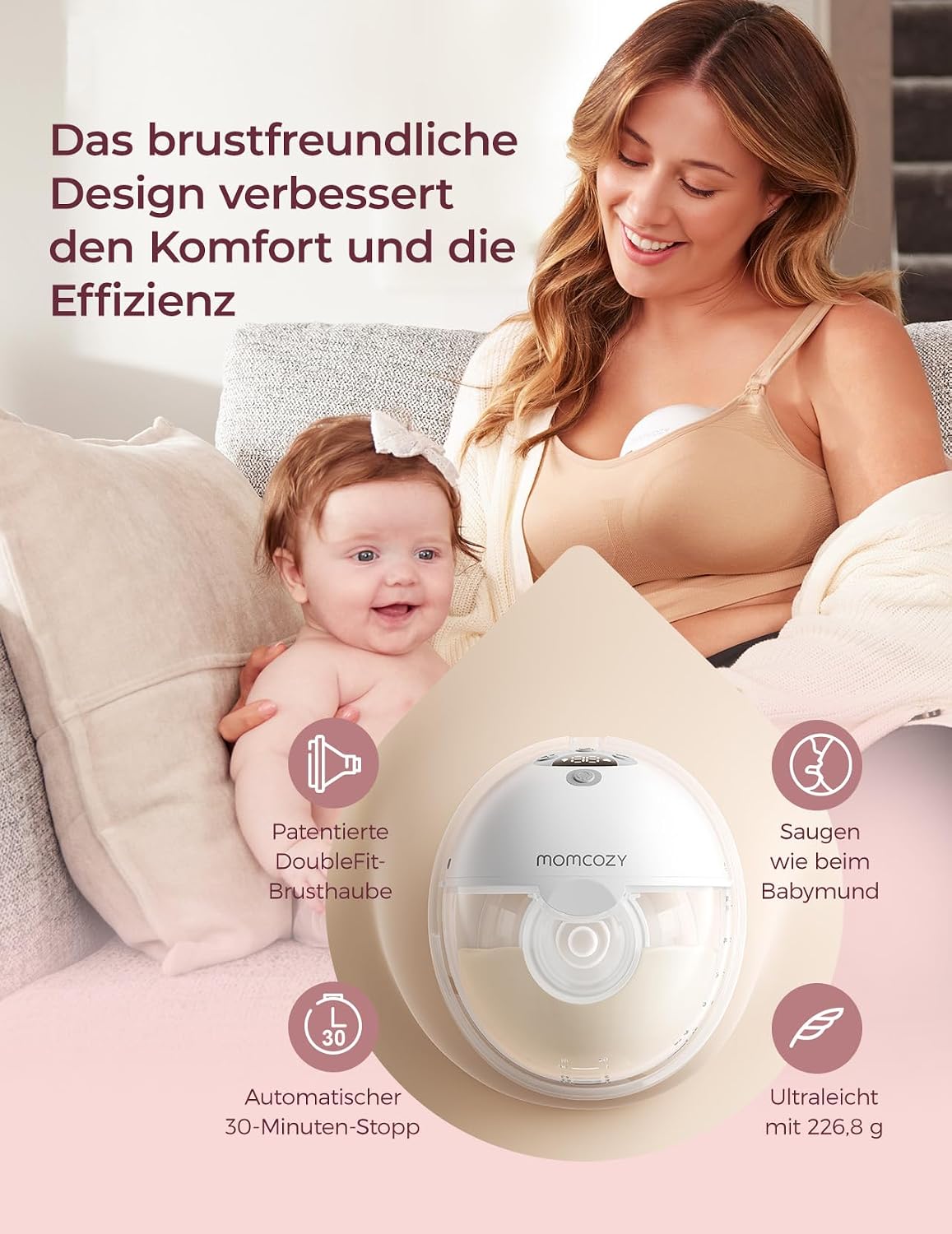 Handsfree Doppel Milchpumpe M5 Smart App Steuerung tragbar 2er Set 3 Modi 9 Stufen wiederaufladbar Grau