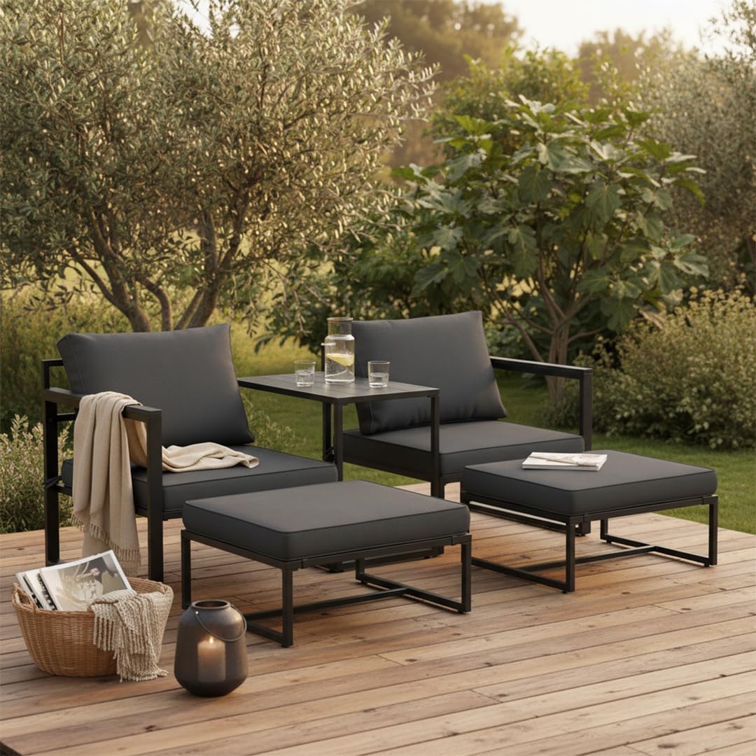 5-teiliges Gartenmöbel Set Asteri Sitzgruppe für 2-4 Personen 2 Sessel 2 Hocker 1 Tisch Metallgestell wetterfest mit Sitzpolstern