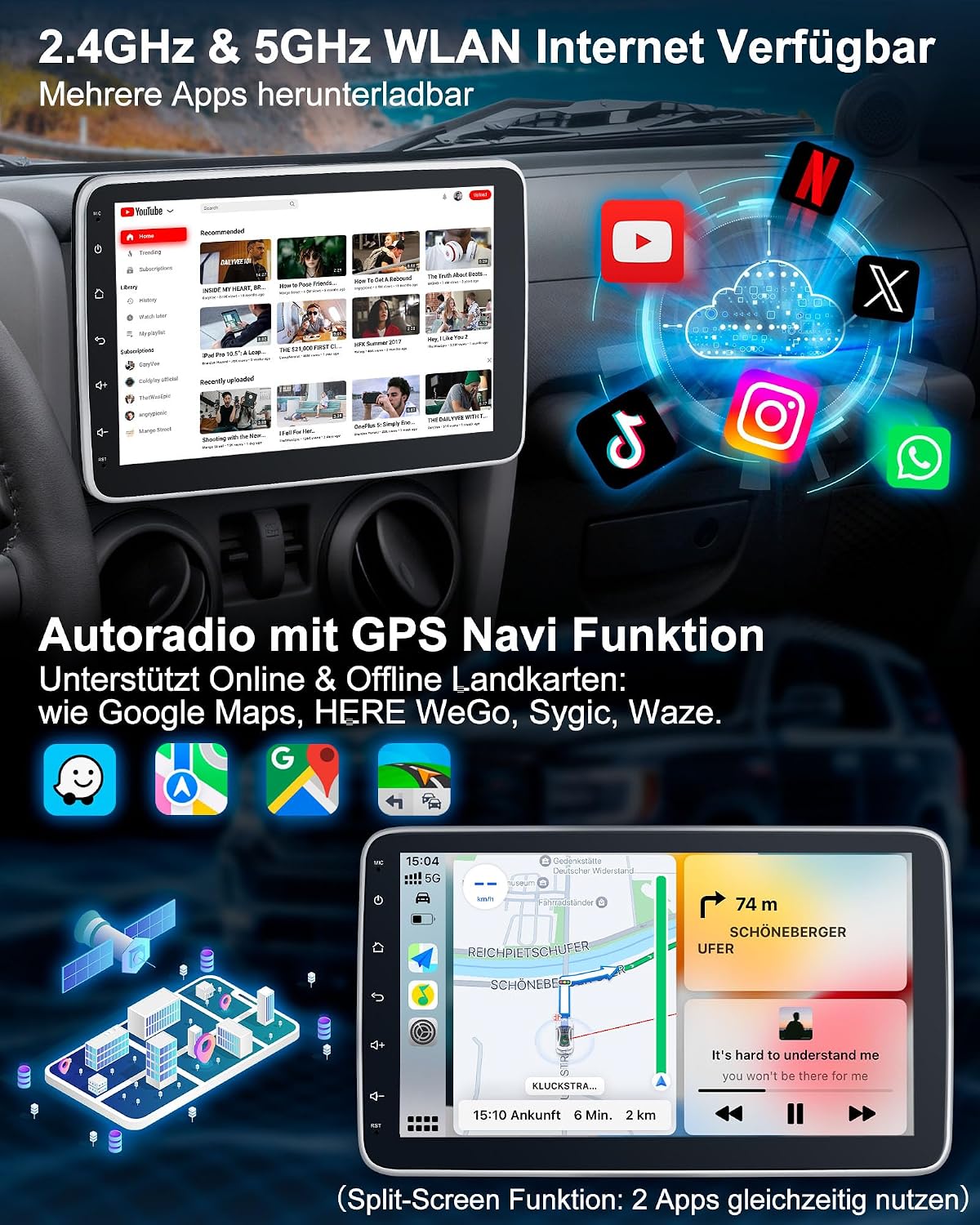 Single DIN Autoradio mit Touchscreen 10.1 Zoll Android 14 2GB 64GB Bluetooth CarPlay Android Auto Navigation Rückfahrkamera