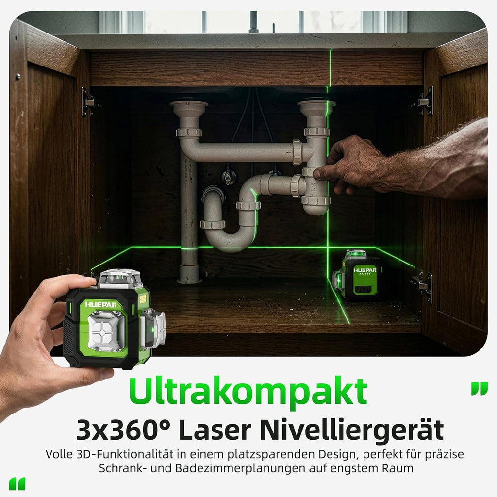 Kreuzlinienlaser 360° grün ST03CG 3D Nivelliergerät mit 152 cm Stativ Magnethalterung selbstnivellierend wiederaufladbar