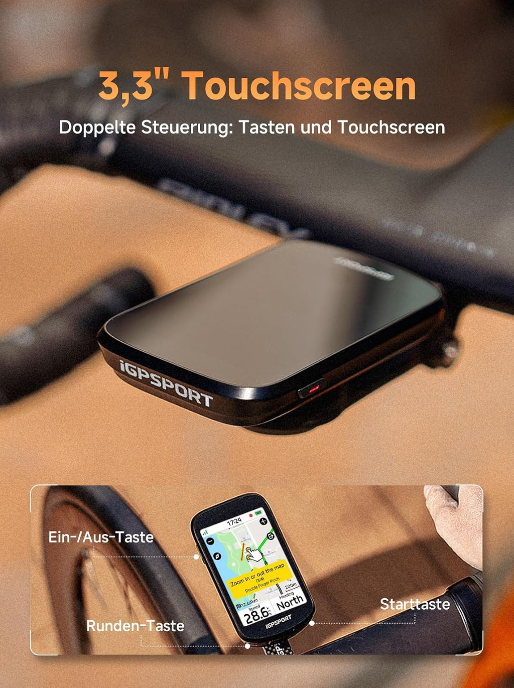 Fahrradcomputer BSC500 mit GPS Navigation 3,3 Zoll Farbdisplay Touchscreen IPX7 ANT+ Bluetooth E-Bike Modus und Kartenfunktion
