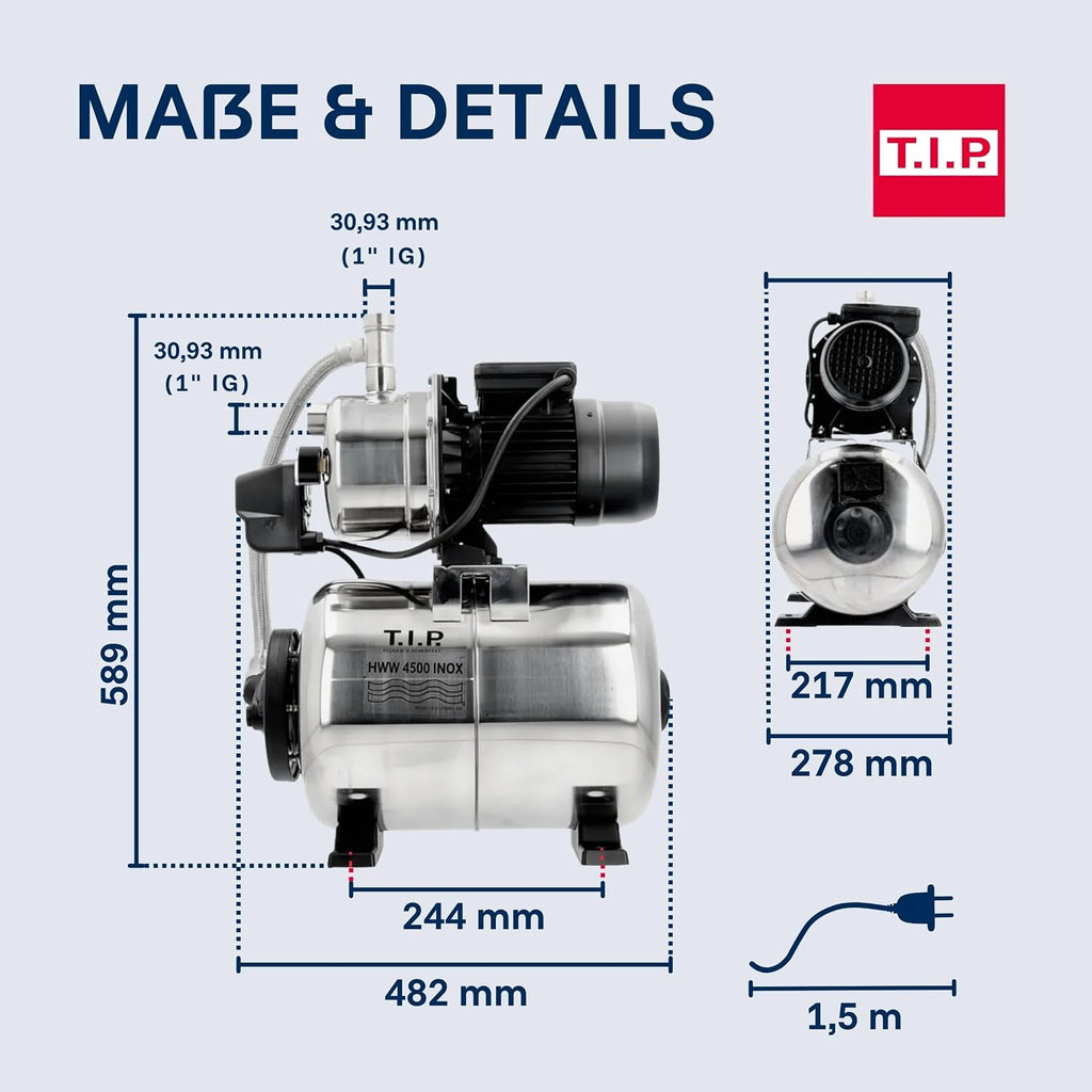 Hauswasserwerk 1200 W Edelstahl HWW 4500 INOX 4350 l/h 5 bar 22 L Druckkessel 50 m Förderhöhe mit Manometer Überlastschutz