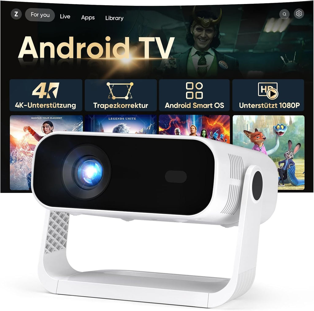 Mini Beamer Android 14 Heimkino Projektor 1080P 4K Dekodierung WiFi6 BT5.2 Automatische Trapezkorrektur für Smartphone HDMI PC