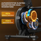 Rudergerät 106M Magnetisches Heimtrainingsgerät mit Doppelschienen 16 Widerstandsstufen APP Verbindung LCD Anzeige