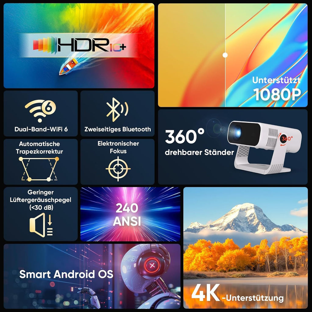 Mini Beamer Android 14 Heimkino Projektor 1080P 4K Dekodierung WiFi6 BT5.2 Automatische Trapezkorrektur für Smartphone HDMI PC