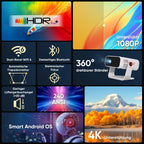 Mini Beamer Android 14 Heimkino Projektor 1080P 4K Dekodierung WiFi6 BT5.2 Automatische Trapezkorrektur für Smartphone HDMI PC