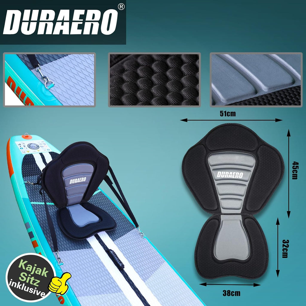 Aufblasbares SUP Board Set mit Kajak Sitz 330x76x15 cm bis 150 kg Tragkraft mit Doppel-Paddel 3 Finnen und Zubehör