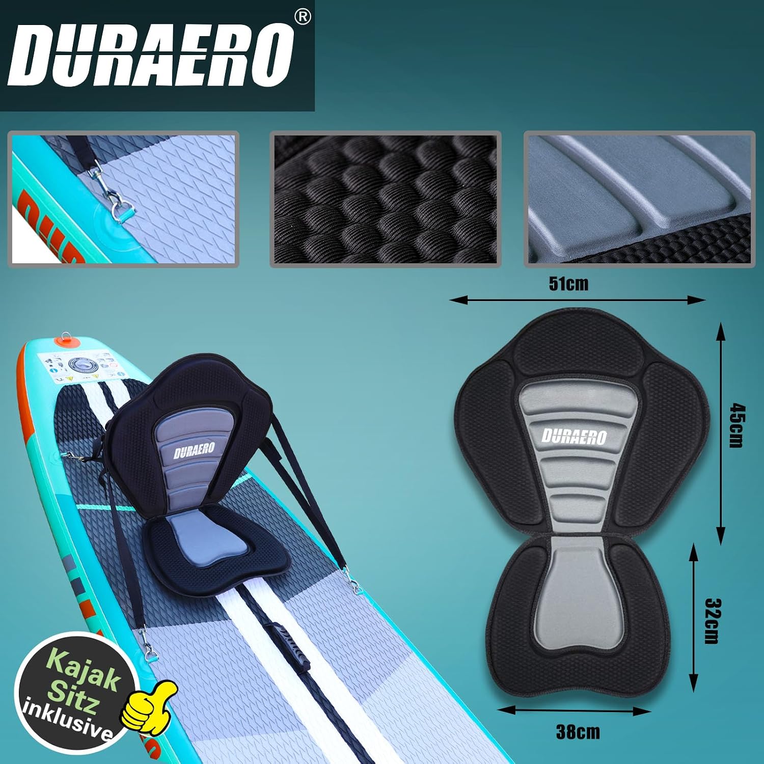 Aufblasbares SUP Board Set mit Kajak Sitz 330x76x15 cm bis 150 kg Tragkraft mit Doppel-Paddel 3 Finnen und Zubehör