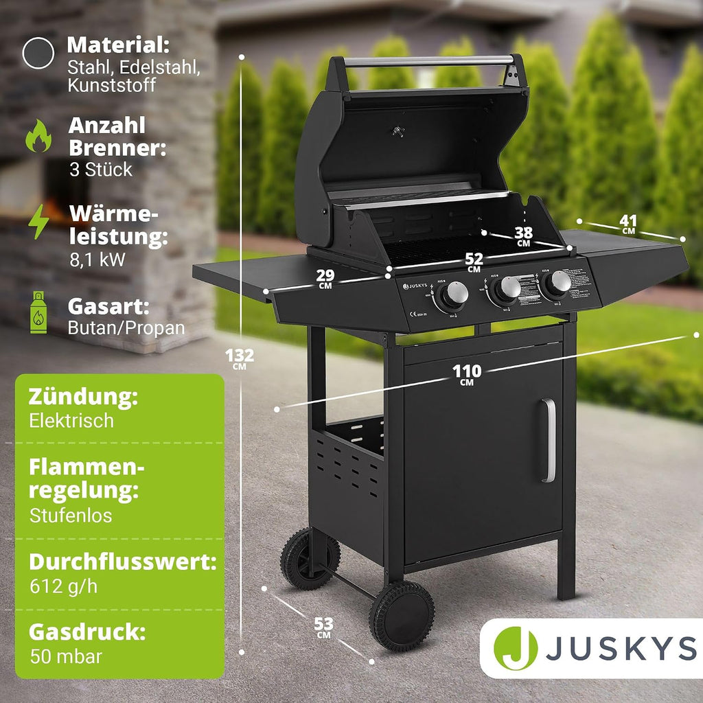 Gasgrill Grillwagen Louisiana 3 Brenner 8,1 kW mit Deckel Thermometer Warmhalterost Grillrost und Abdeckplane