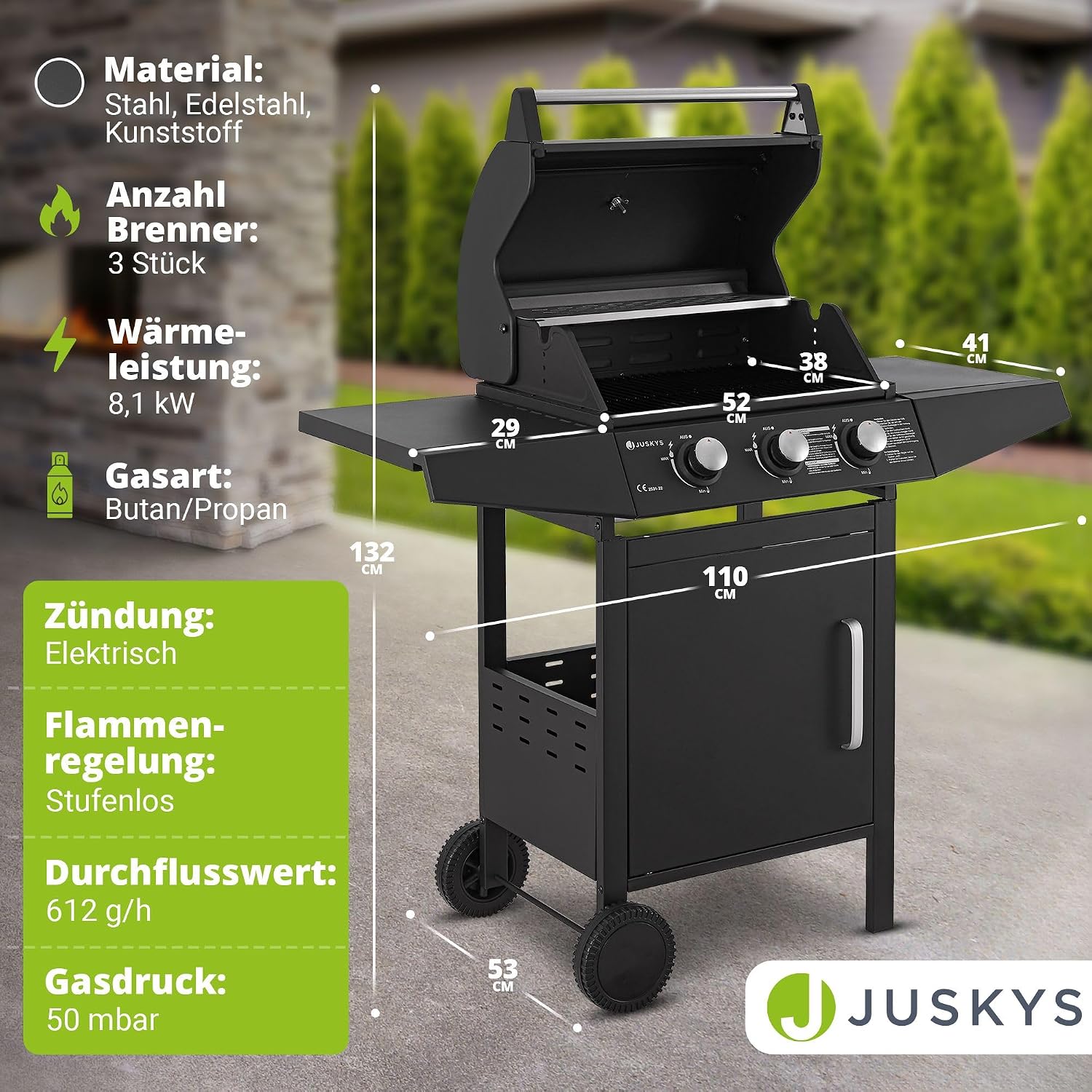 Gasgrill Grillwagen Louisiana 3 Brenner 8,1 kW mit Deckel Thermometer Warmhalterost Grillrost und Abdeckplane