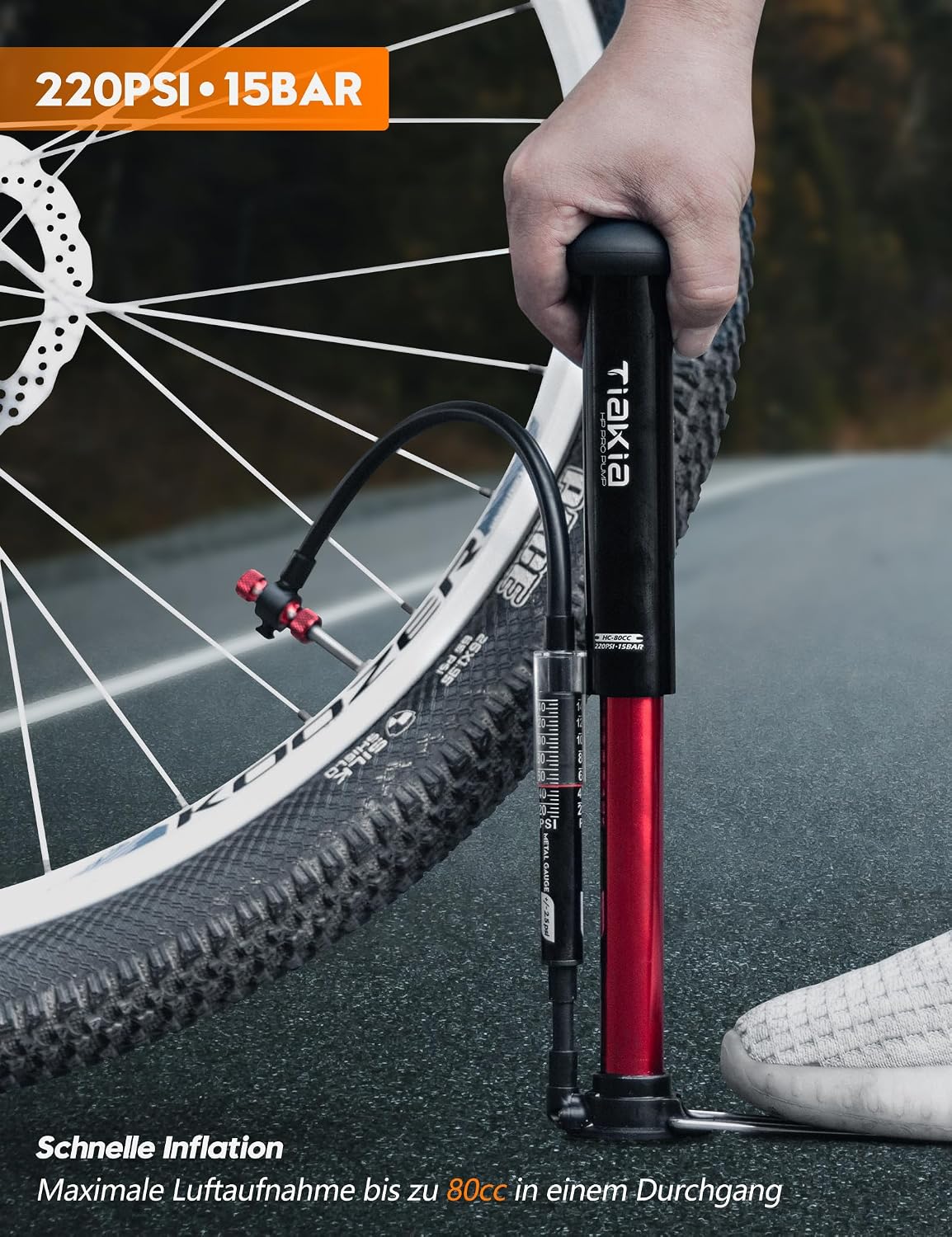 Fahrrad Standpumpe mit Manometer 220 PSI Mini Luftpumpe Aluminium kompatibel Schrader Presta Dunlop Ventile tragbar