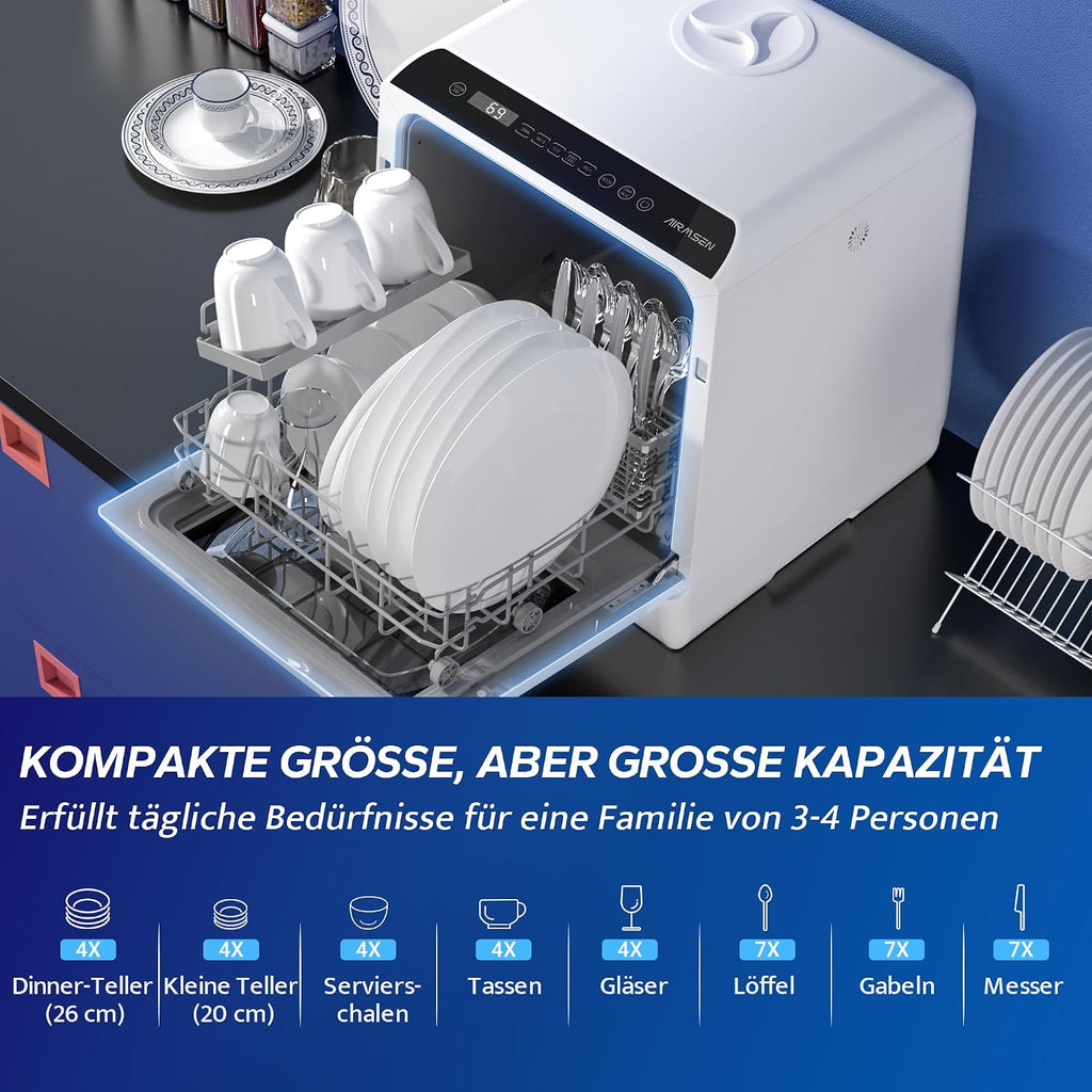 Tischgeschirrspüler AE-TDQR03 Mini Geschirrspüler mit 5L Wassertank 6 Programme Touch Control LED Display 400W