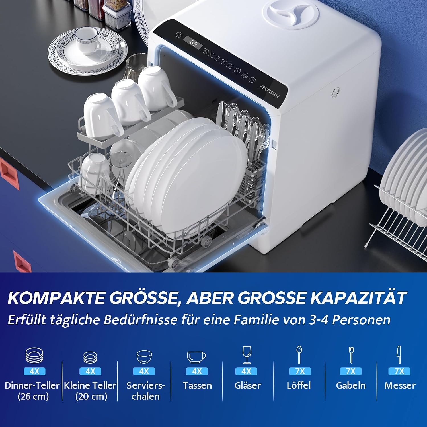 Tischgeschirrspüler AE-TDQR03 Mini Geschirrspüler mit 5L Wassertank 6 Programme Touch Control LED Display 400W