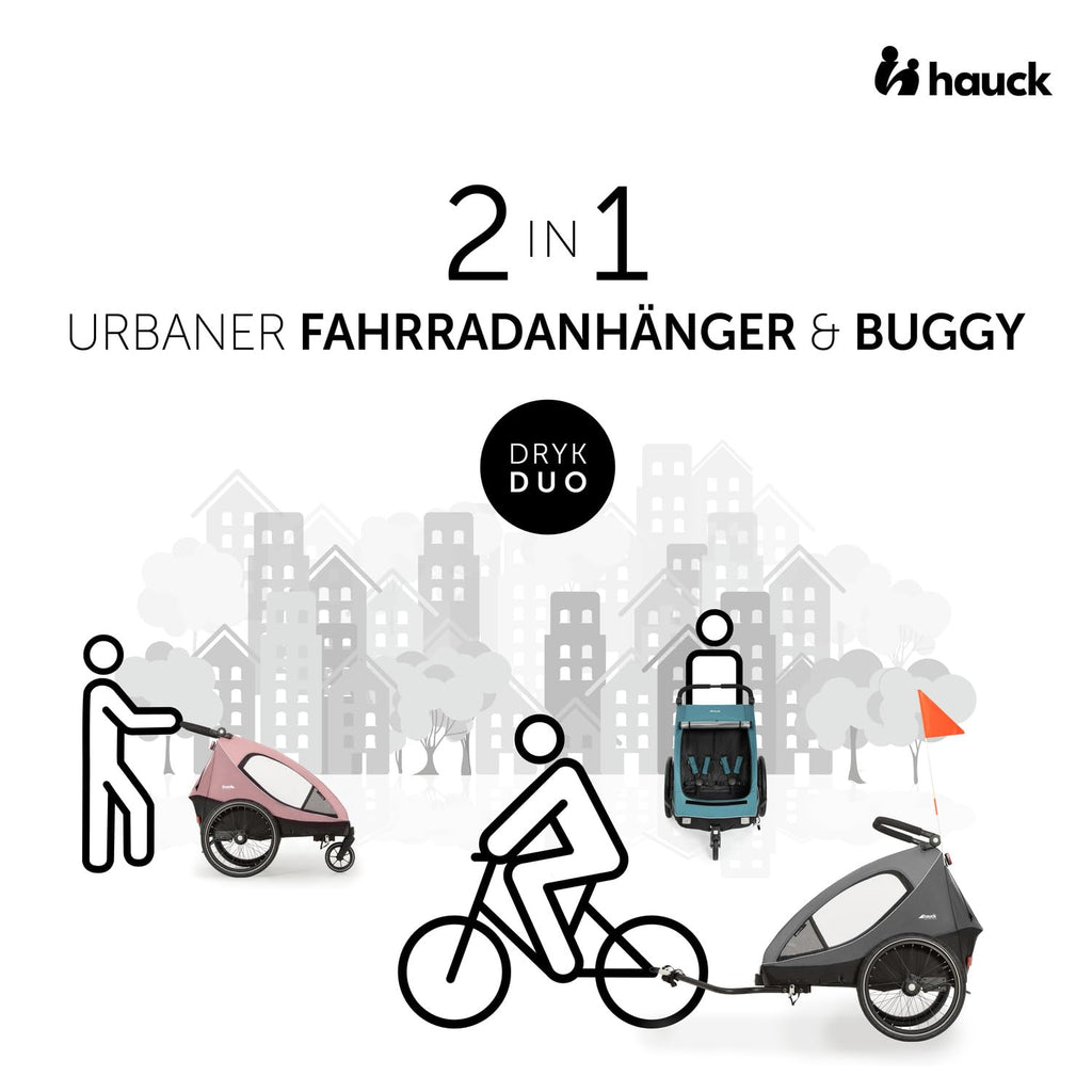 Kinderfahrradanhänger Dryk Duo 2in1 Fahrradanhänger und Buggy für 2 Kinder faltbar mit Deichsel und Sicherheitsfahne