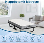Klappbett 90x200cm Gästebett mit 13cm Schaumstoffmatratze Metallrahmen 200kg Belastbarkeit mit Rollen