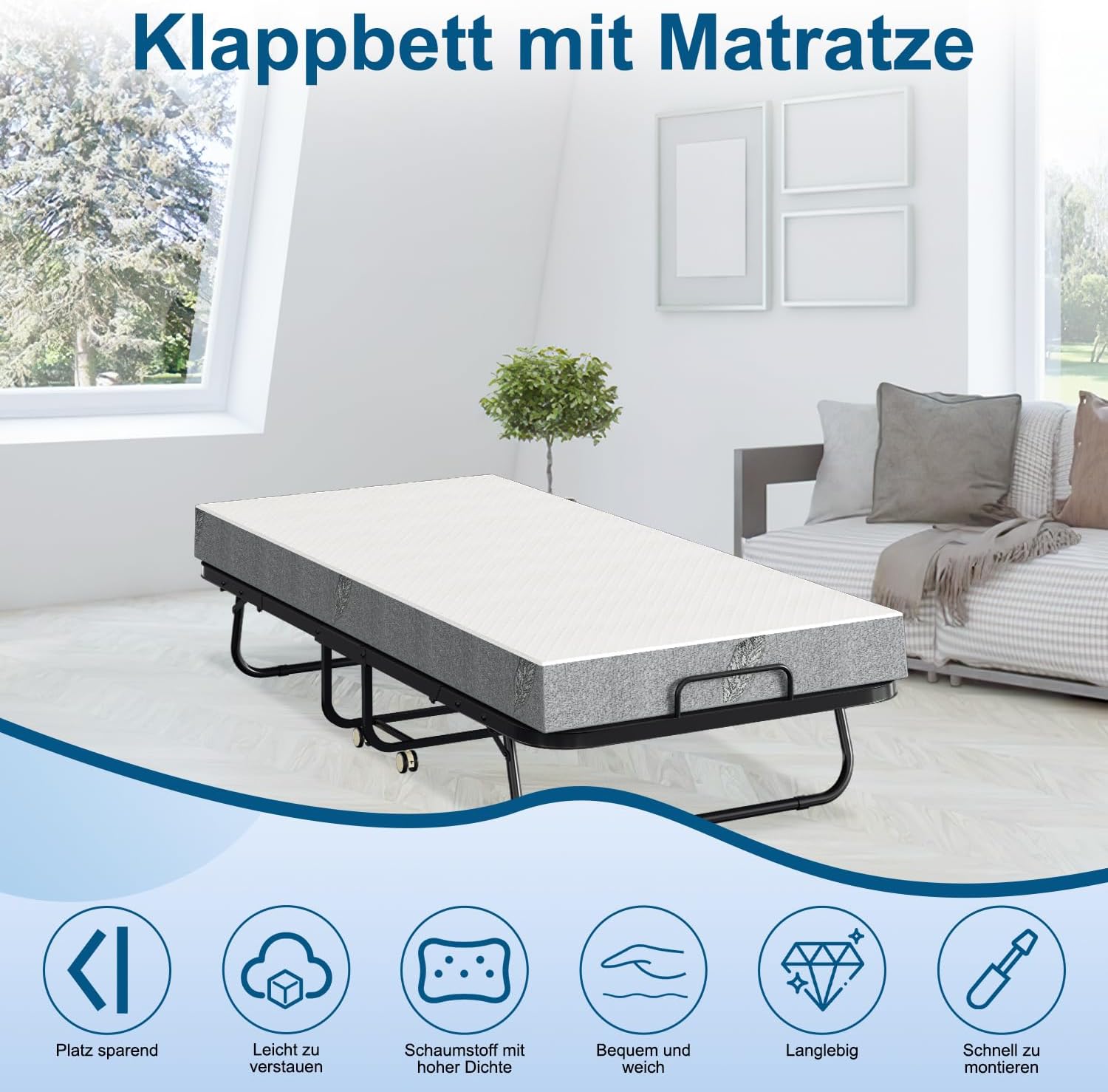 Klappbett 90x200cm Gästebett mit 13cm Schaumstoffmatratze Metallrahmen 200kg Belastbarkeit mit Rollen