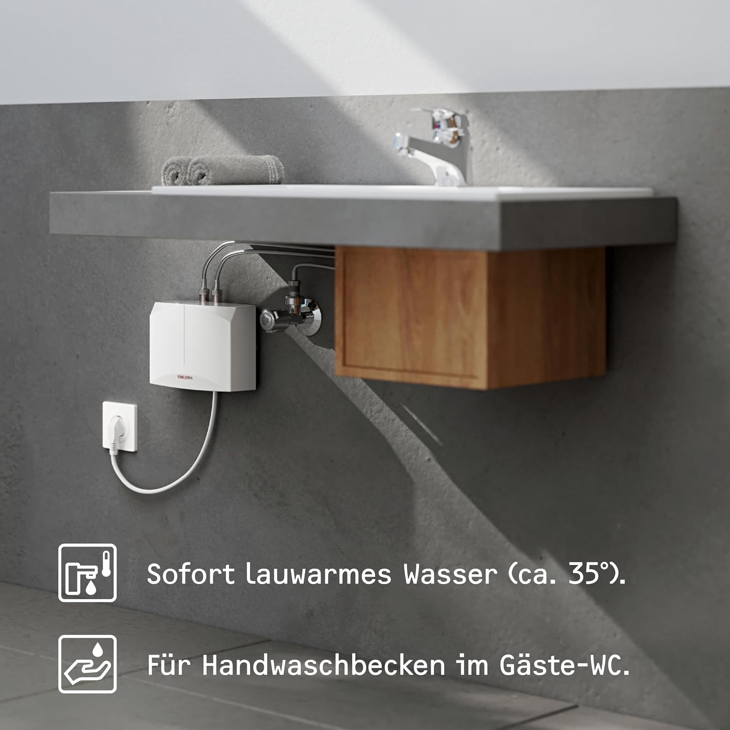 Mini-Durchlauferhitzer DHM 3 hydraulisch 3,5 kW 230V mit Stecker für Handwaschbecken Untertischmontage
