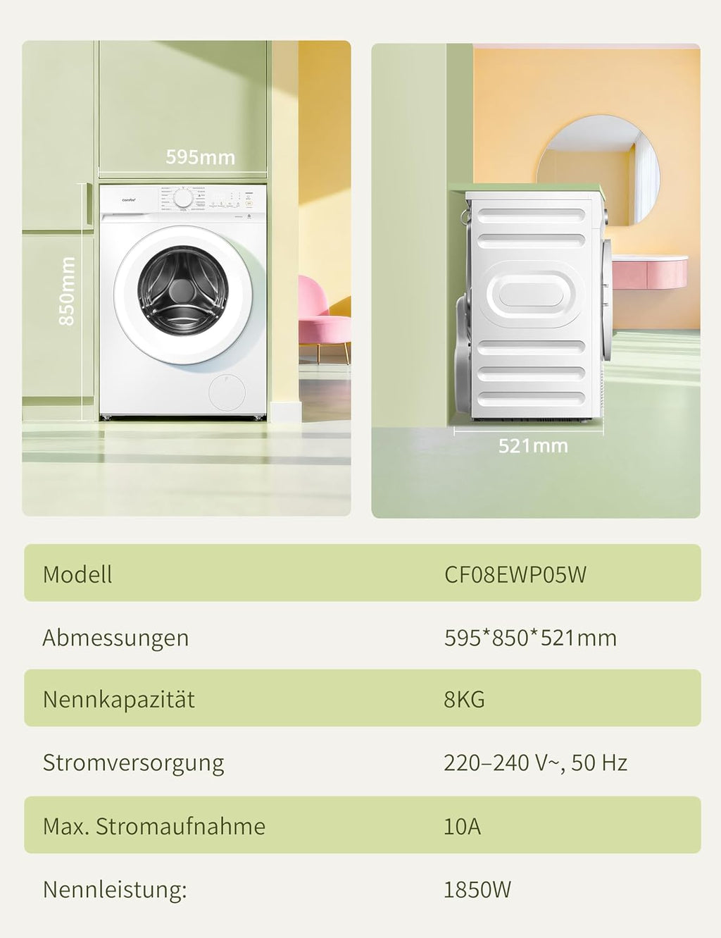 Frontlader Waschmaschine 8 kg CF08EWP05W mit Dampffunktion und Tierhaar-Programm 16 Programme Energieeffizienz Klasse A-10 Nachlegefunktion