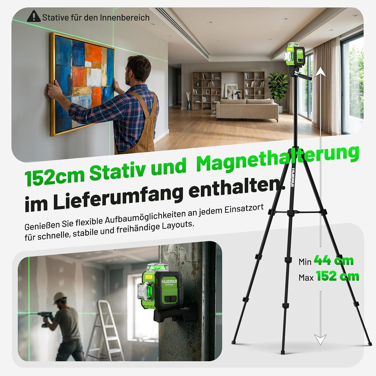Kreuzlinienlaser 360° grün ST03CG 3D Nivelliergerät mit 152 cm Stativ Magnethalterung selbstnivellierend wiederaufladbar