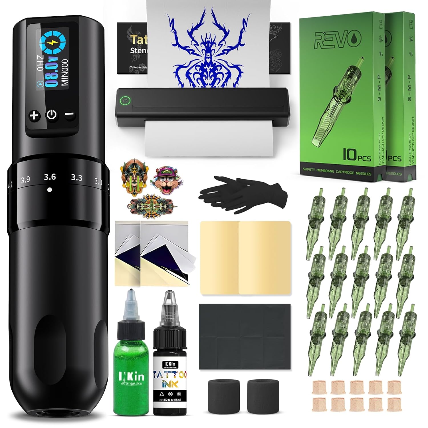 Kabellose Tattoo Maschine Set ULTRA-PLUS-H1-Kit 2.2-4.2 mm Hublänge 1600 mAh Akku mit Tattoo Drucker Bluetooth und Zubehör