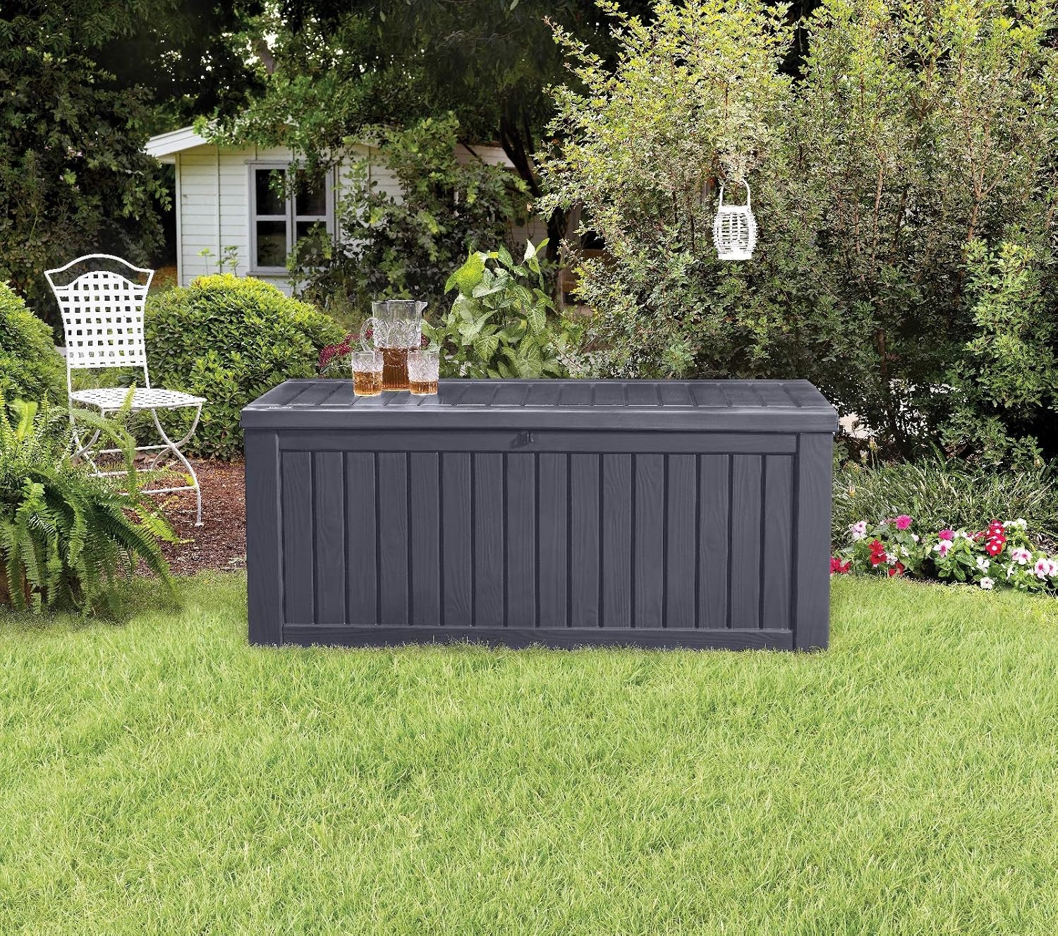 Garten Aufbewahrungsbox 570 Liter Kissenbox mit Belüftung Holzoptik wetterfest mit Gasdruckfeder