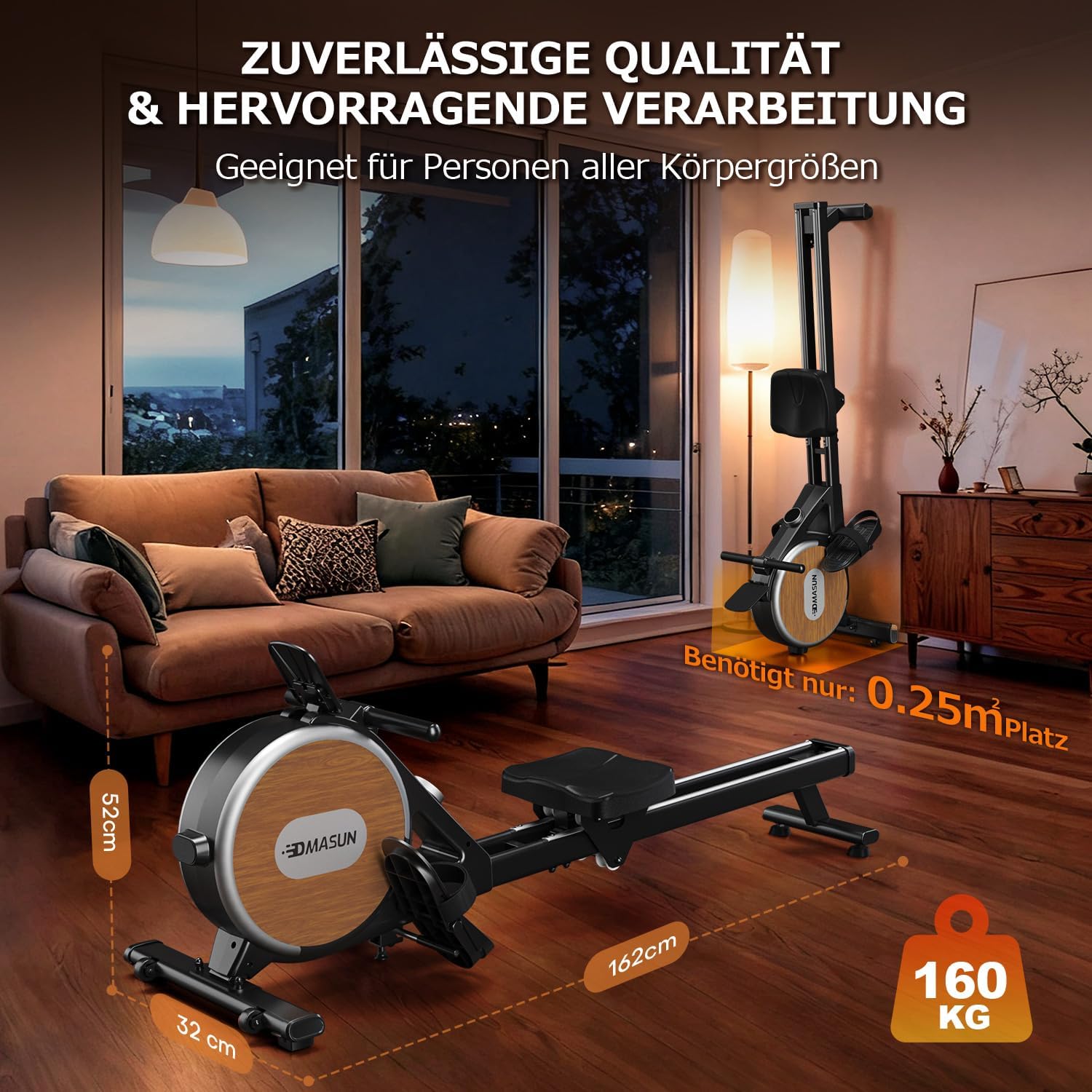 Rudergerät 106M Magnetisches Heimtrainingsgerät mit Doppelschienen 16 Widerstandsstufen APP Verbindung LCD Anzeige