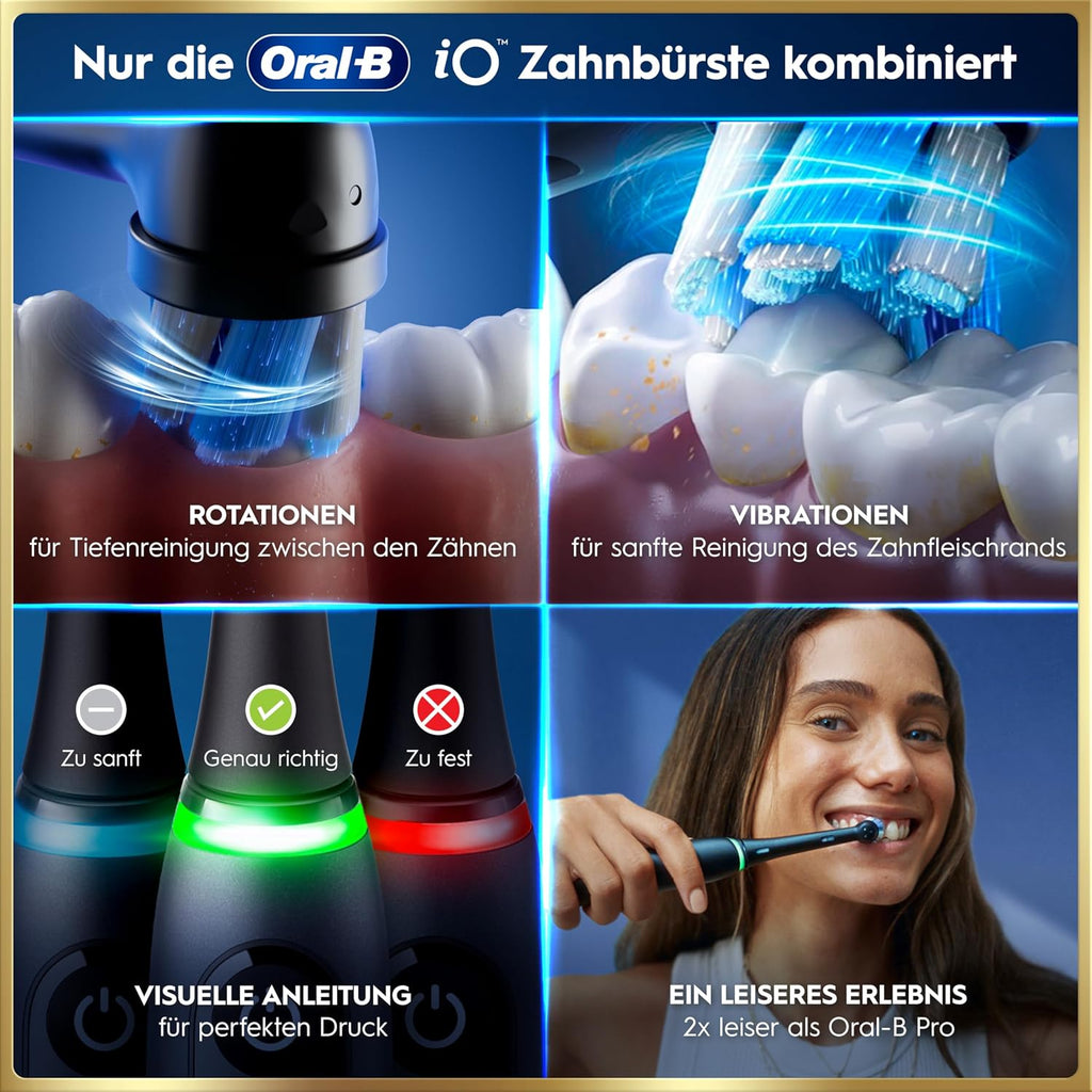 Elektrische Zahnbürste mit Aufsteckbürsten iO Series 9 wiederaufladbar 7 Reinigungsmodi Smart Druckkontrolle Rundbürstenkopf Schwarz