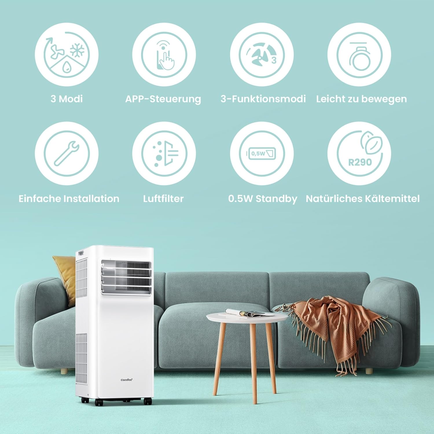 Mobiles Klimagerät 9000 BTU 2.6kW Breezy Cool Pro 2.6 APP Steuerung Kühlen Ventilieren Entfeuchten bis 33m²