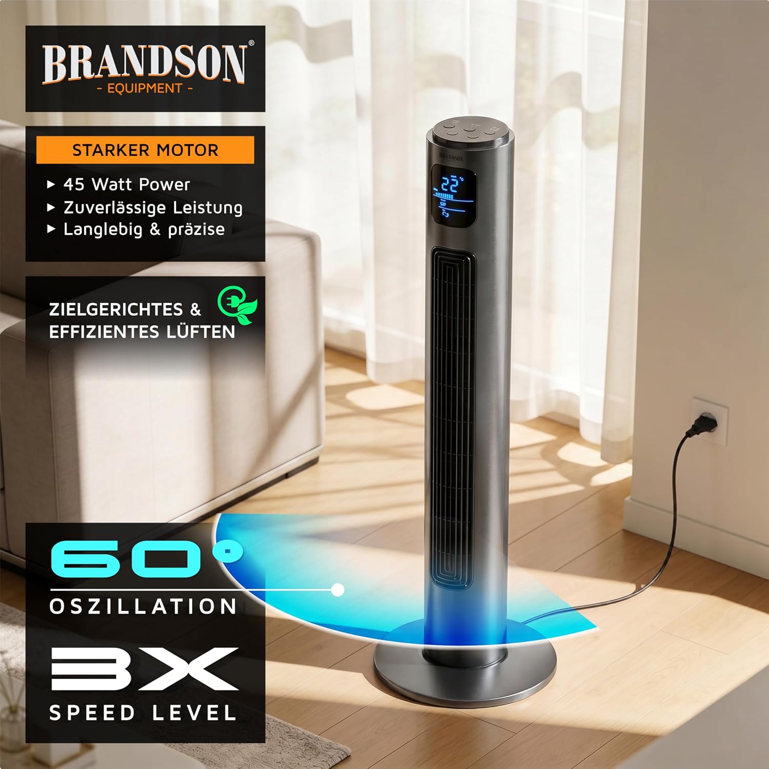 Turmventilator 96 cm mit Fernbedienung 3 Geschwindigkeiten 3 Modi Oszillation Timer Standventilator leise Cool Grey