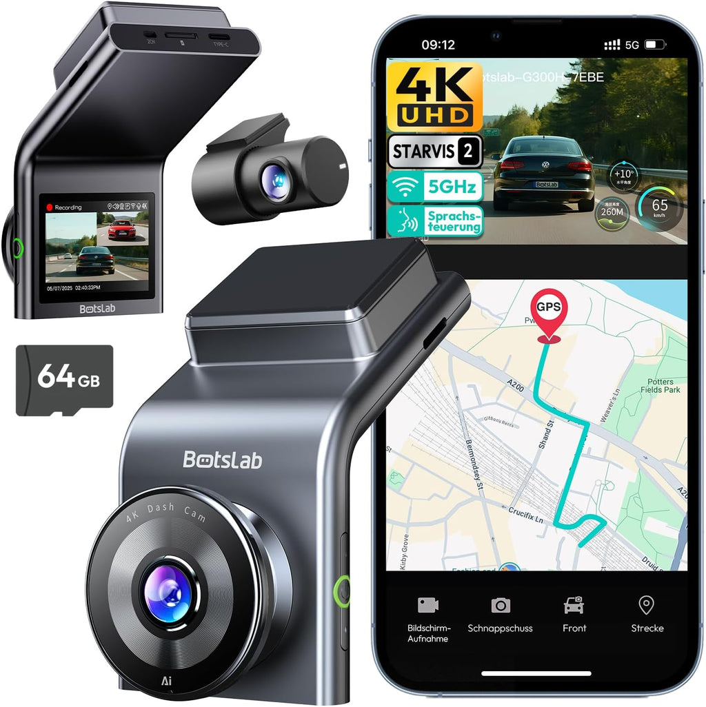 4K Dashcam Auto Vorne Hinten Dual Kamera mit STARVIS 2 Sensor WDR GPS WLAN Sprachsteuerung 64GB SD-Karte