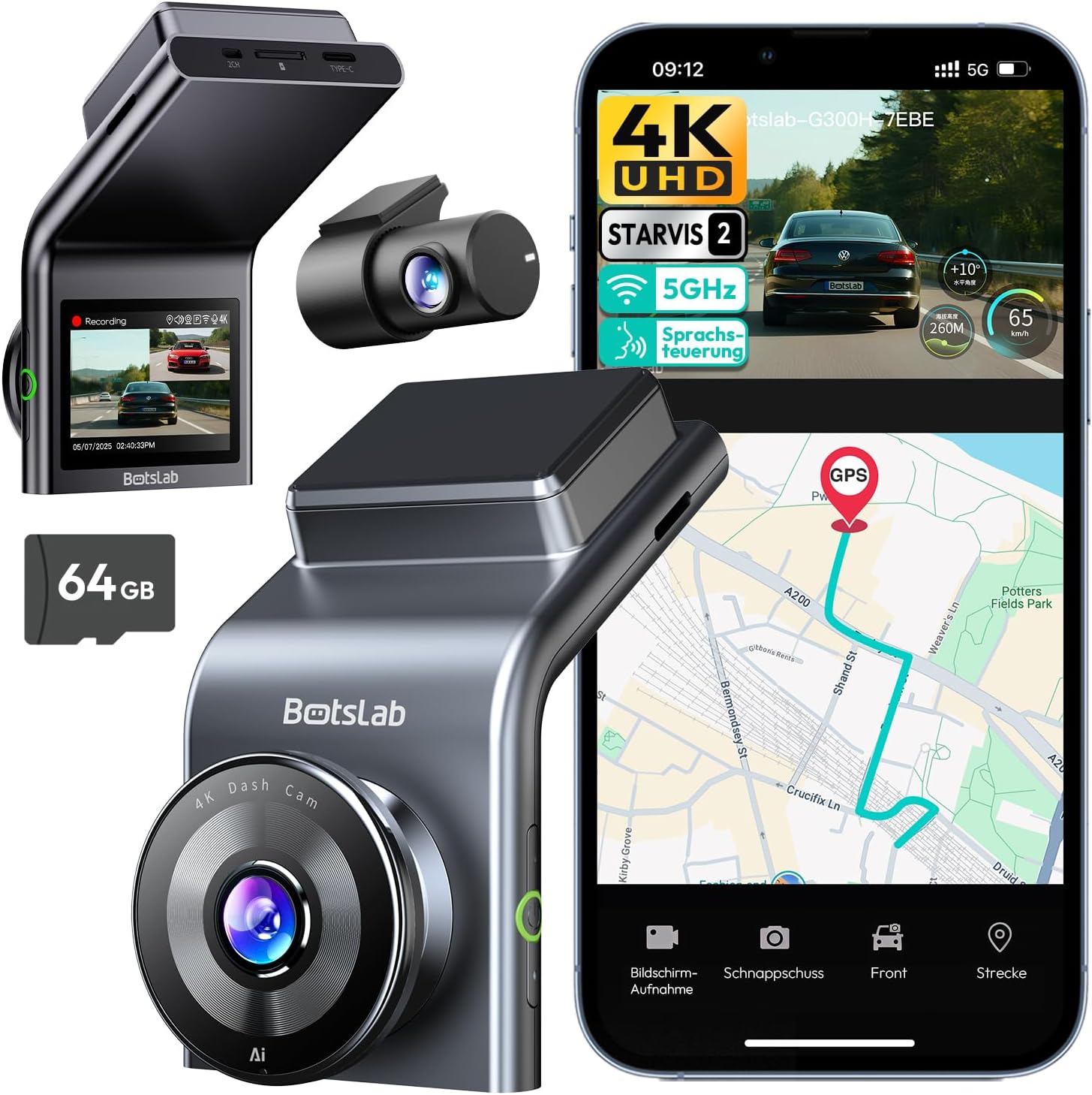 4K Dashcam Auto Vorne Hinten Dual Kamera mit STARVIS 2 Sensor WDR GPS WLAN Sprachsteuerung 64GB SD-Karte
