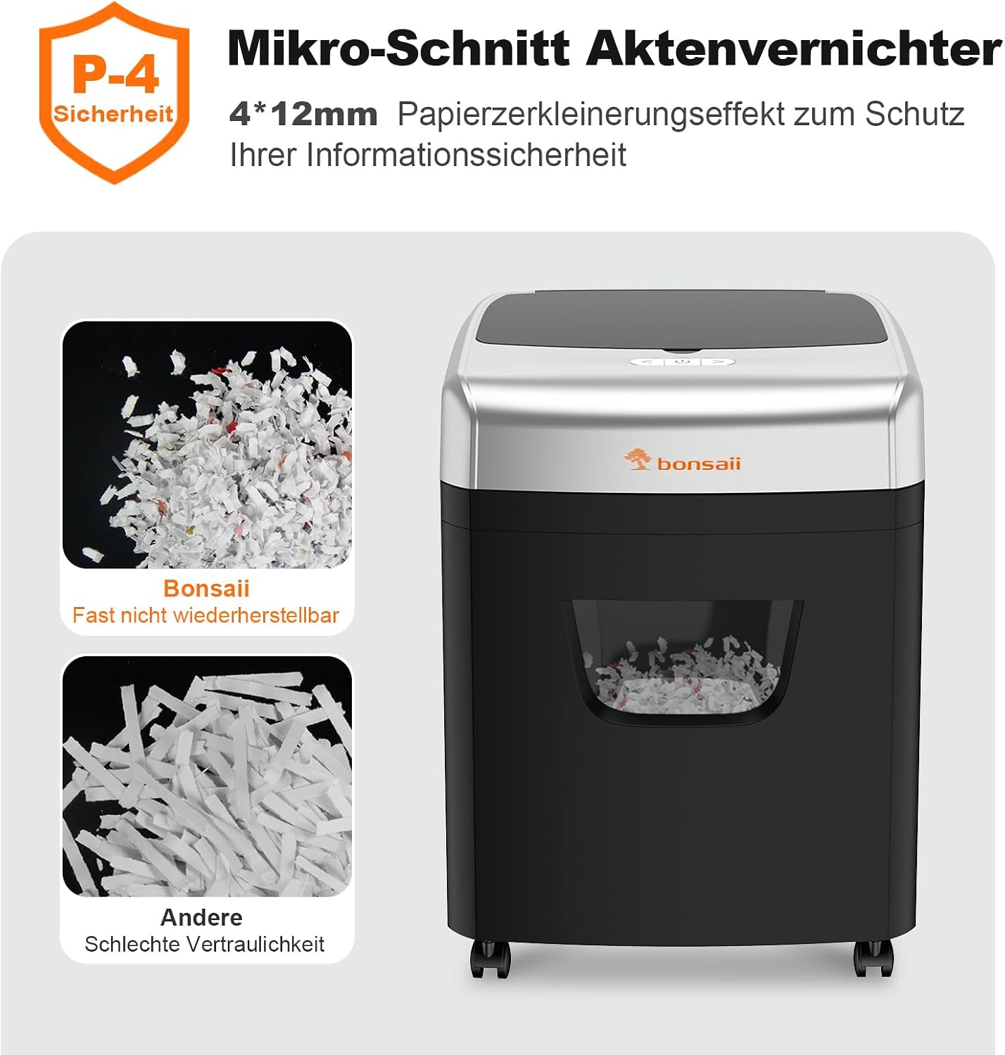 Aktenvernichter C233-B mit automatischem Einzug 120 Blatt Partikelschnitt P-4 23L Behälter 62dB mit 4 Rädern