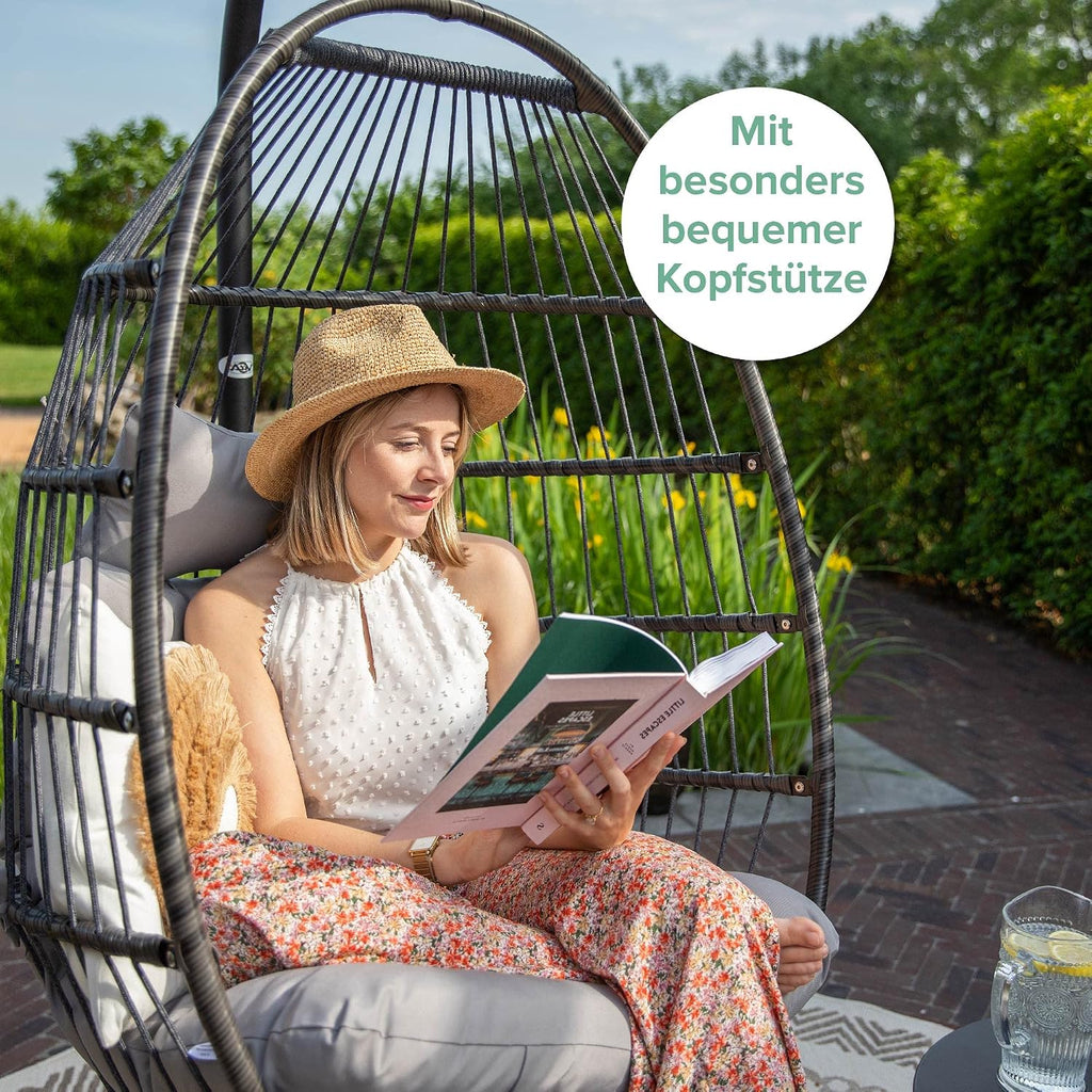 Hängesessel mit Gestell Korb Egg Schaukelstuhl Rattan Design Outdoor Indoor 150 kg Tragkraft Grau