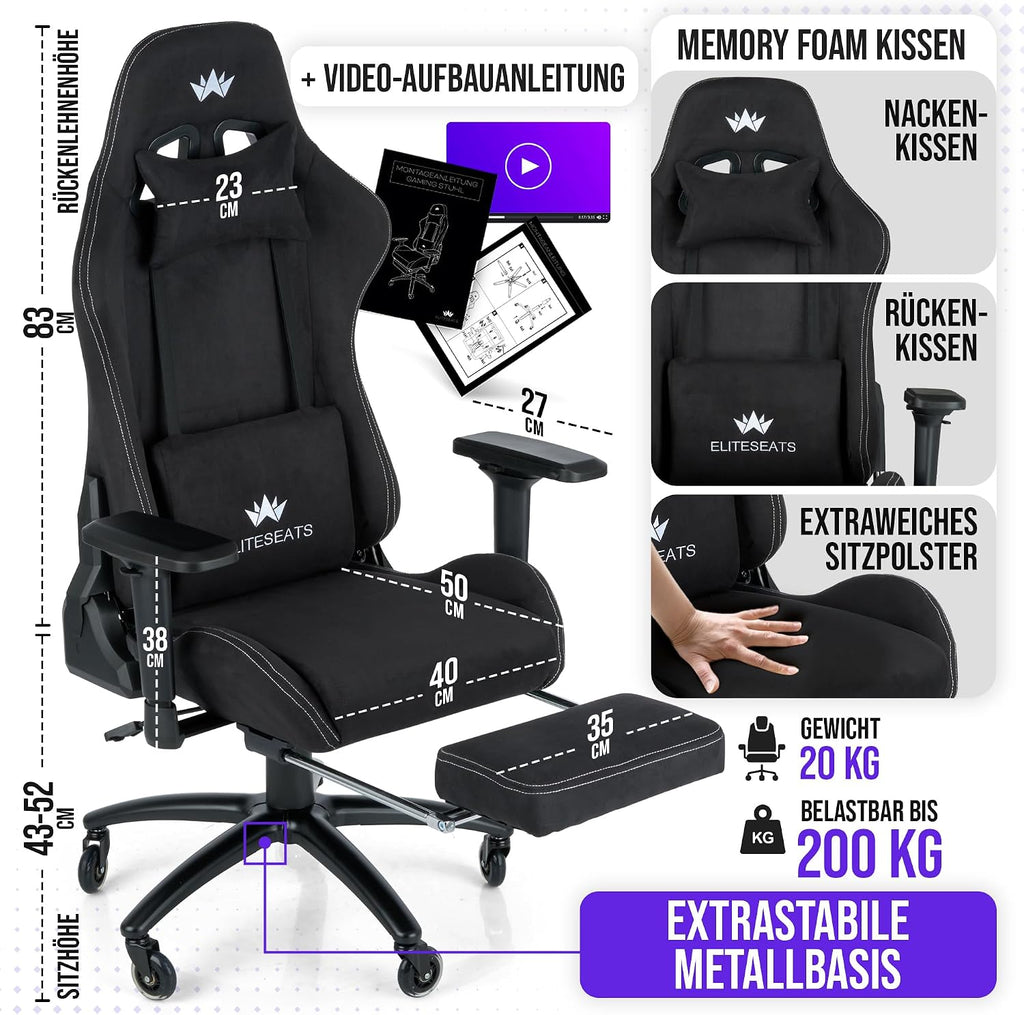 Ergonomischer Gaming Stuhl mit Fußstütze 4D Armlehnen Memory Foam Stoffbezug 150 kg Belastbarkeit