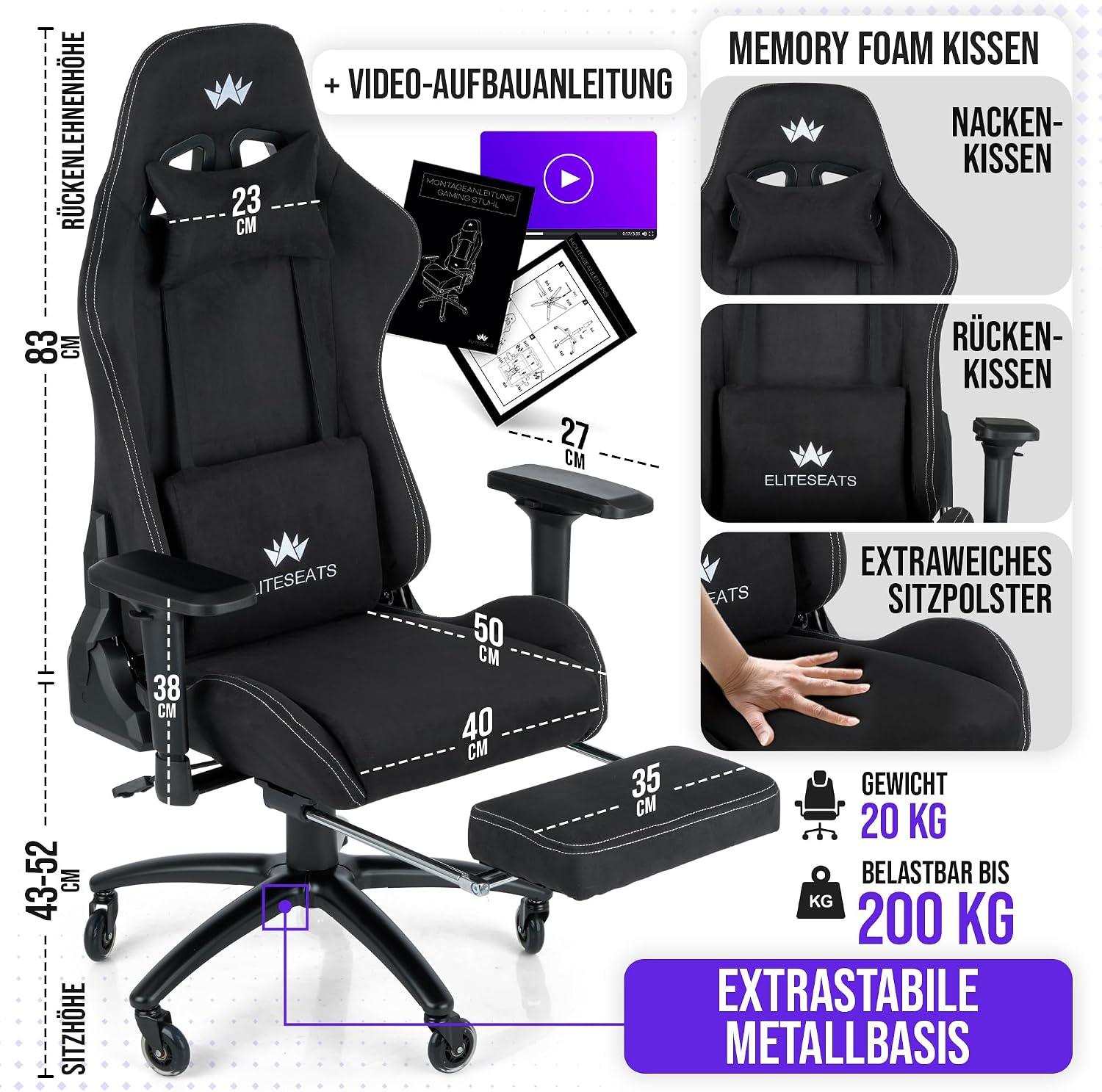 Ergonomischer Gaming Stuhl mit Fußstütze 4D Armlehnen Memory Foam Stoffbezug 150 kg Belastbarkeit
