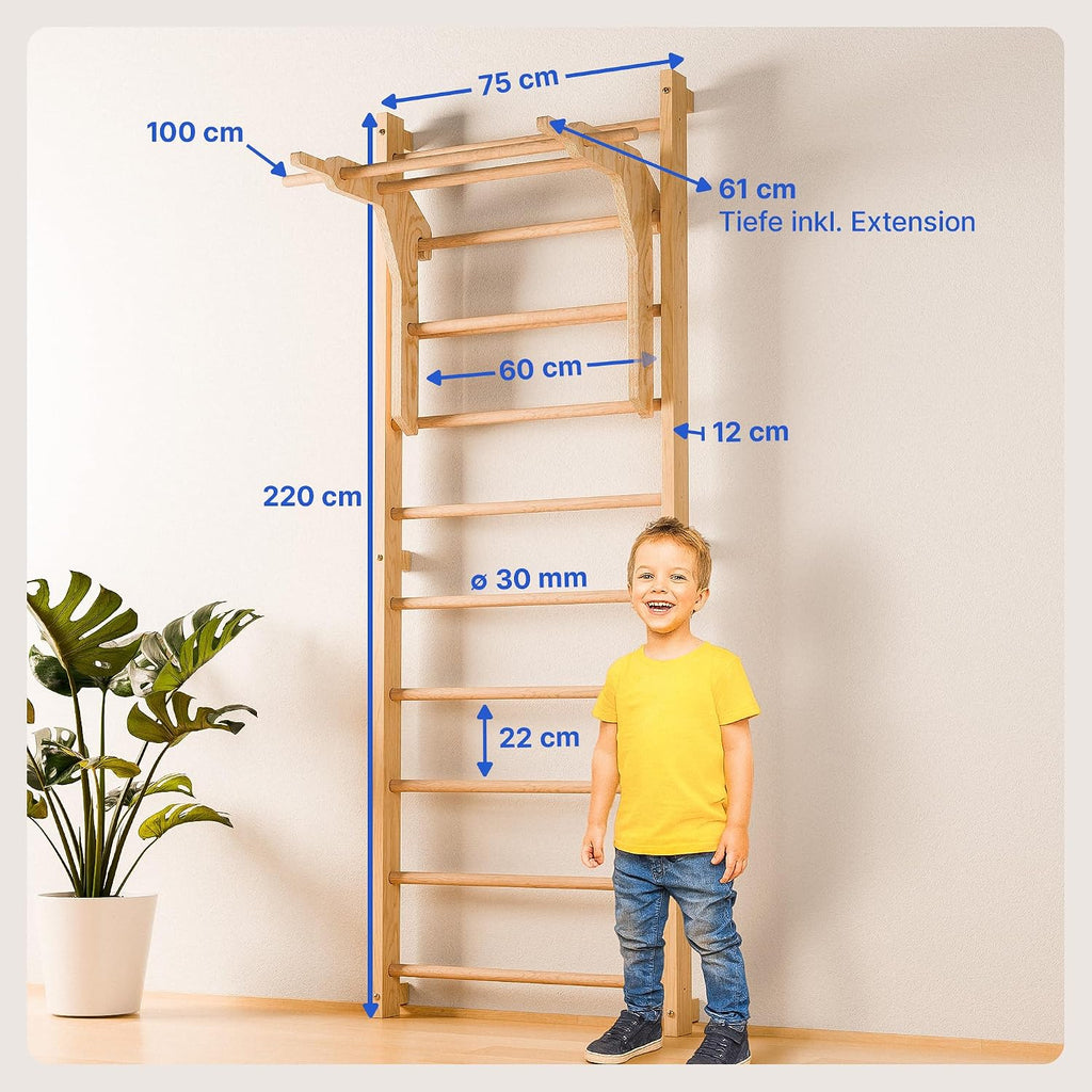 Sprossenwand Kletterwand mit Klimmzugstange und Dip Station Holz Trainingsgerät für Zuhause Kinder und Erwachsene 150 kg