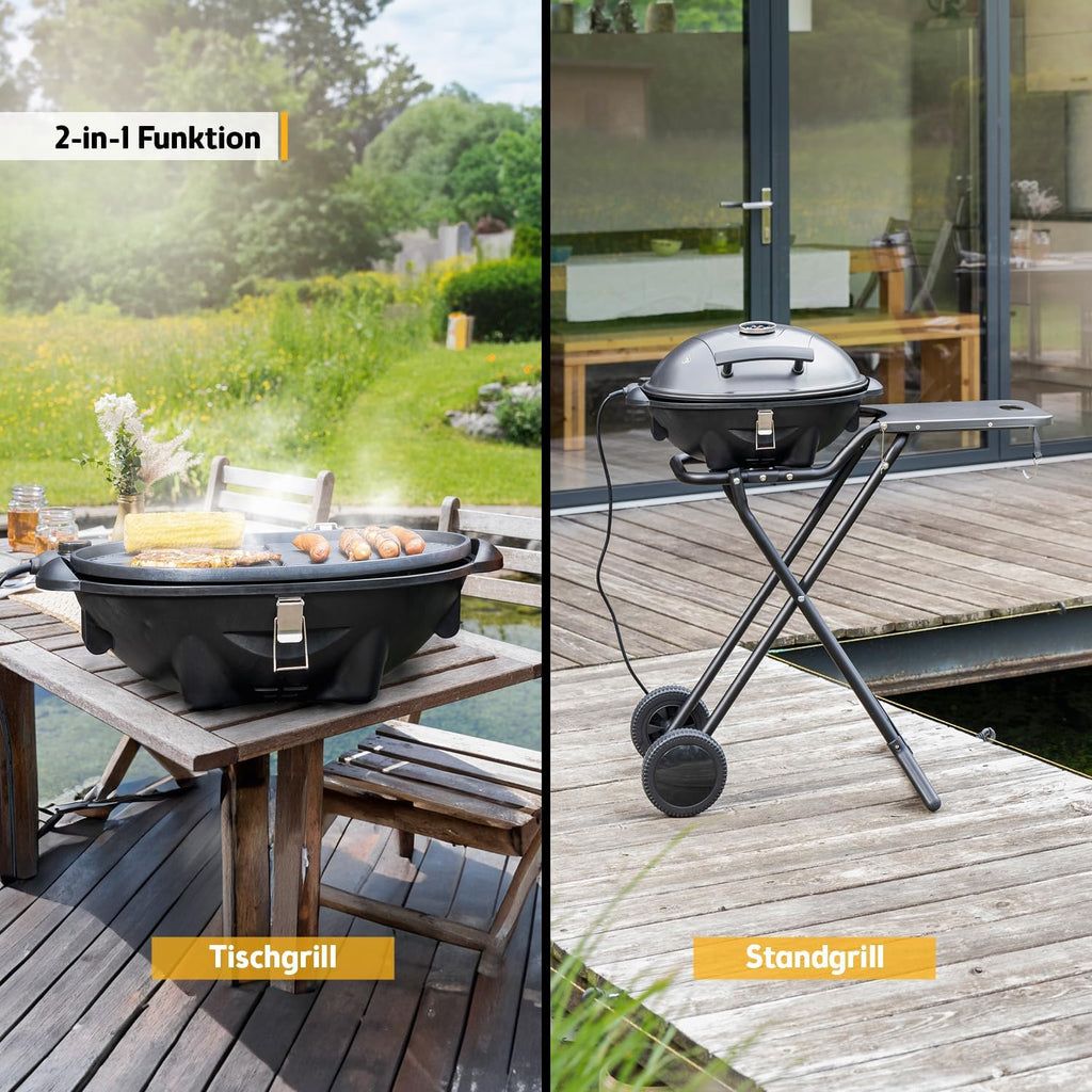 Elektrogrill 2 in 1 Tischgrill und Standgrill 2400W mit Deckel Thermometer Tropfschale und Rollwagen