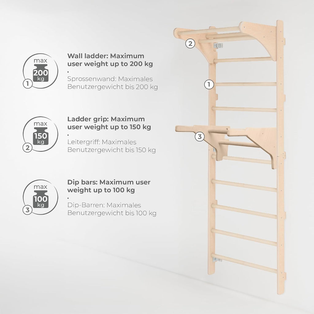 Sprossenwand mit Klimmzugstange 230 cm Holz Kletterleiter Wandmontage mit Gym Ringen und Dip Barren Multifunktionales Fitnessgerät