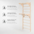 Sprossenwand mit Klimmzugstange 230 cm Holz Kletterleiter Wandmontage mit Gym Ringen und Dip Barren Multifunktionales Fitnessgerät