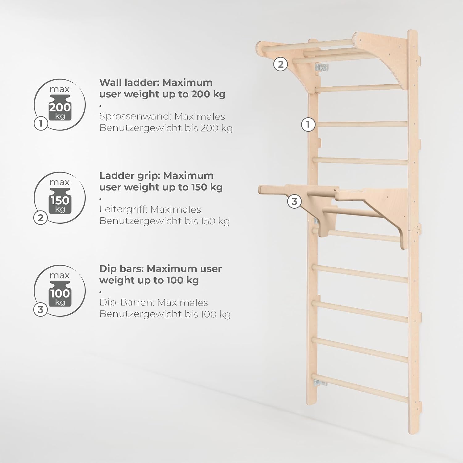 Sprossenwand mit Klimmzugstange 230 cm Holz Kletterleiter Wandmontage mit Gym Ringen und Dip Barren Multifunktionales Fitnessgerät