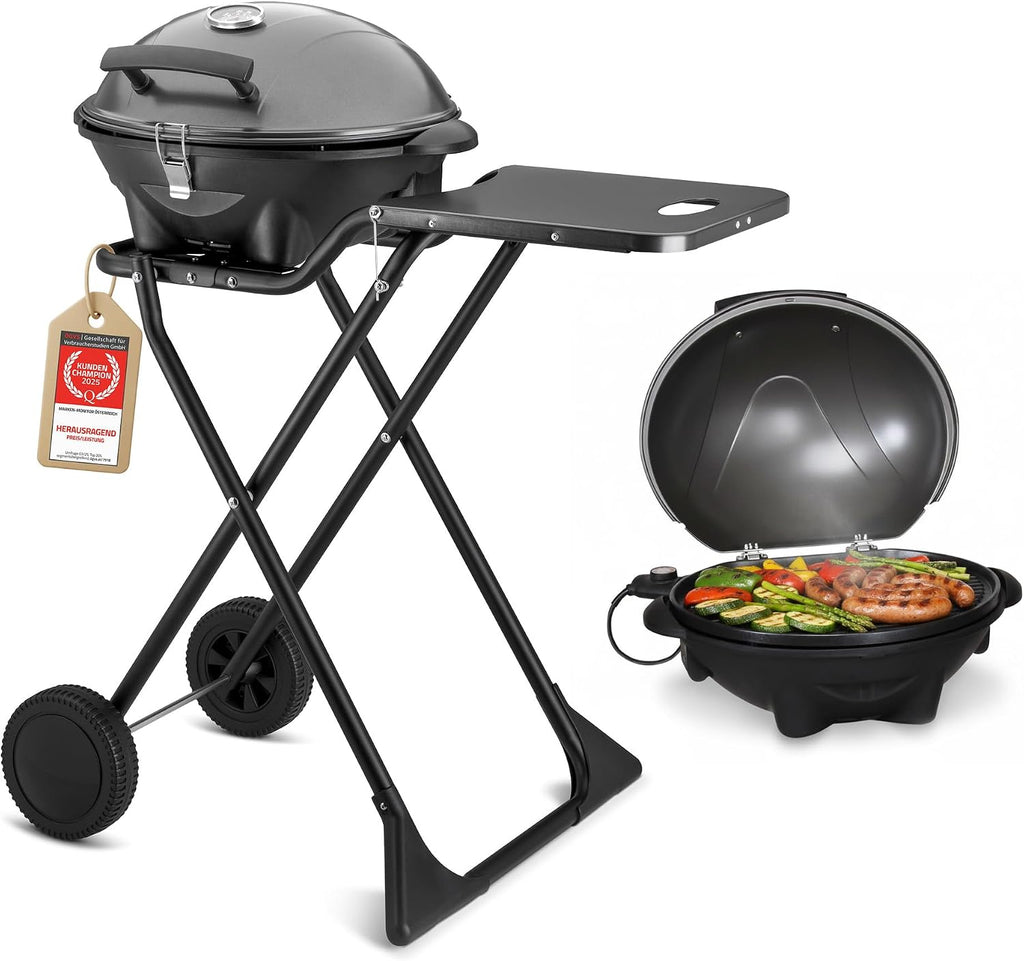 Elektrogrill 2 in 1 Tischgrill und Standgrill 2400W mit Deckel Thermometer Tropfschale und Rollwagen