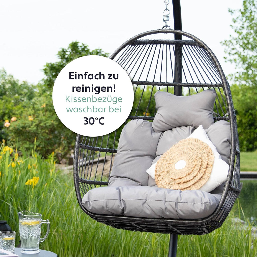 Hängesessel mit Gestell Korb Egg Schaukelstuhl Rattan Design Outdoor Indoor 150 kg Tragkraft Grau