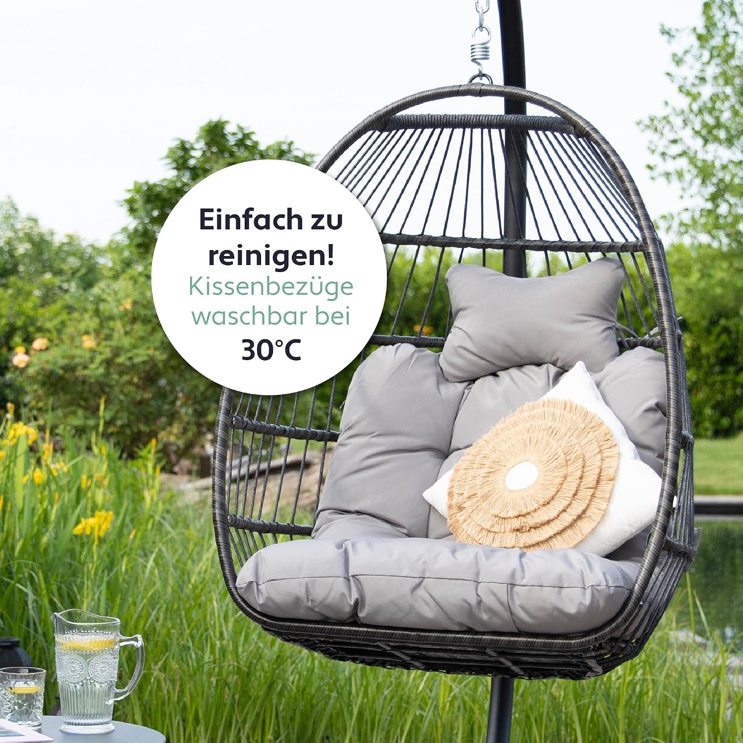 Hängesessel mit Gestell Korb Egg Schaukelstuhl Rattan Design Outdoor Indoor 150 kg Tragkraft Grau